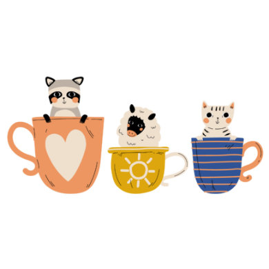 Dekodino Wandtattoo Pastell Tassen mit Tieren Waschbär Schaf Katze mehrfarbig